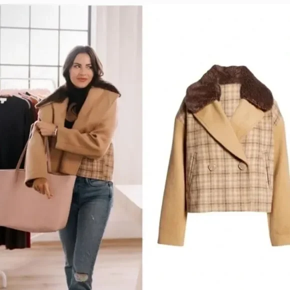 NWT Rachel Parcell Camel Plaid Cropped Coat Polyester Wool Blend Size XS - Picture 12 of 12